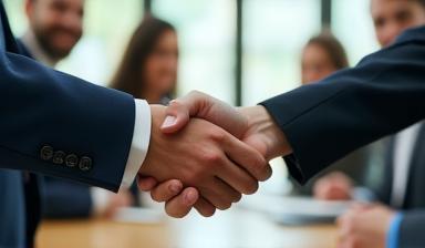 Equipo de personas sellando acuerdo de éxito financiero con un apretón de manos